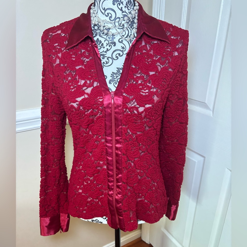 Elegant Red Lace, zip up front & cuffs. Womens size Medium